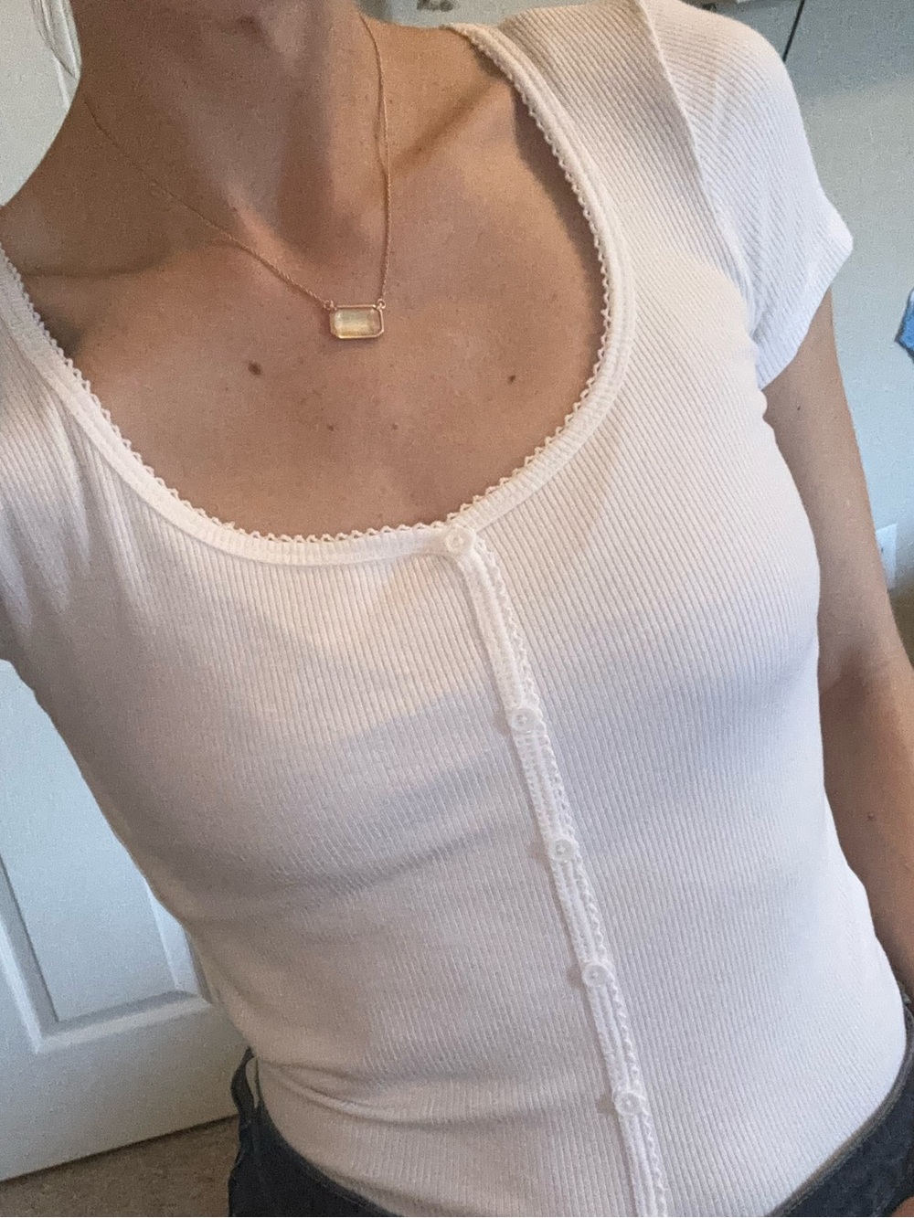 White Ribbed Button-Front Scoop Neck Top